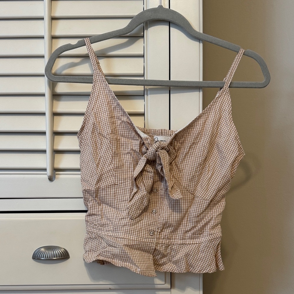 Japna Beige Gingham Tie-Front Cami Top